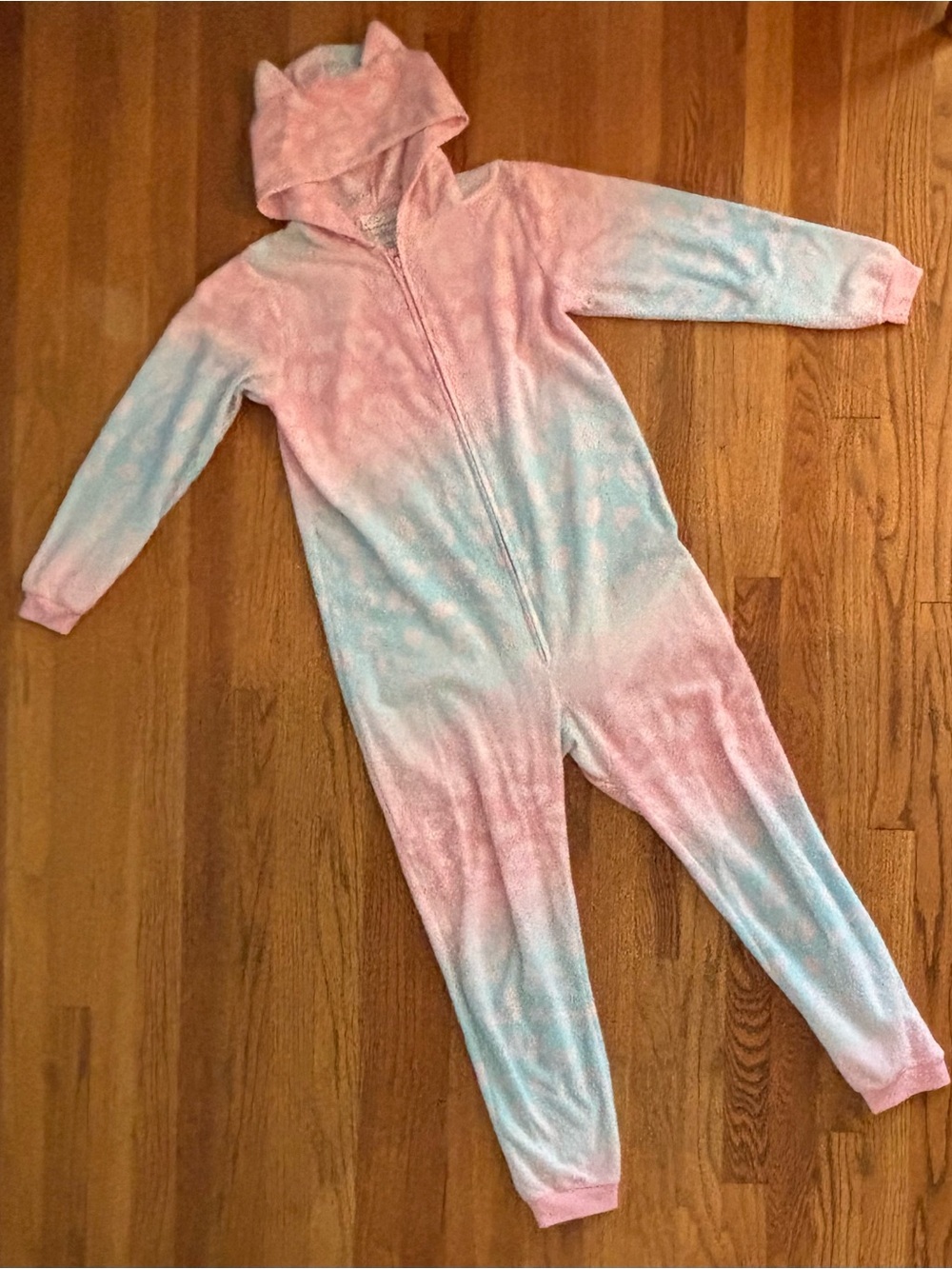 Kids Pink and Light Blue Leopard Print Hooded One-Piece Pajama, size XL